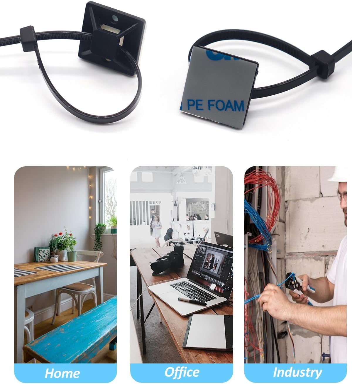 Strong Back-Glue Self Adhesive Cable Zip Tie Mounts Kit - 100 Set Cable Management Clips with 6" Zip Ties, Wire Holders - Outdoor Sticky Wire