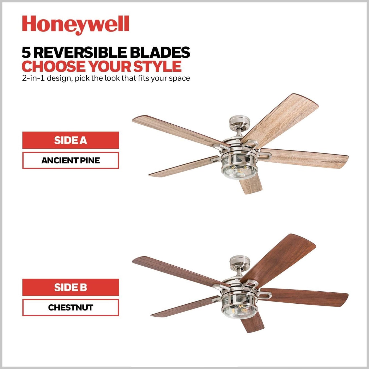 Honeywell Ceiling Fans Bonterra Modern 52 Inch Ceiling Fan with Light, Remote Control, LED Indoor Fan with 5 Blades, Light Brown Pine and Brown