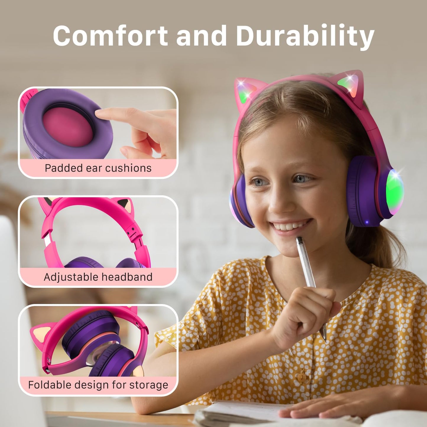 FosPower Kids Bluetooth 5.2 Headphones with LED Cat Ears (85/94dB Safe Volume Limit) Foldable Wireless or Wired Headset with 100hr Play Time…