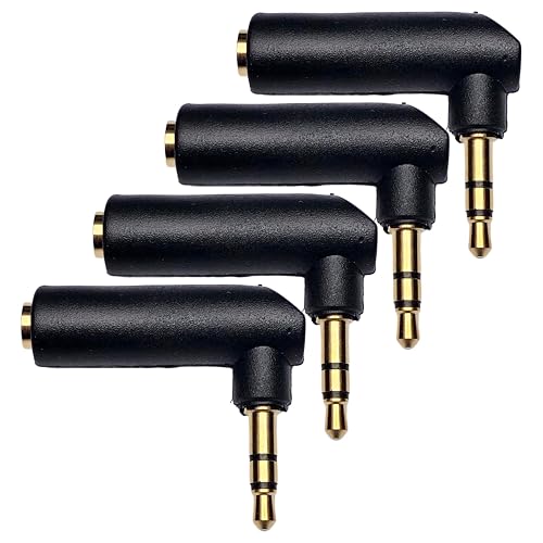 CESS 3.5mm Right Angle Male to Female Stereo Adapter, L Shape AUX Extender, Gold Plated Plug, 4 Pack