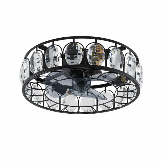 YIYIBYUS 18 Inch Industrial Crystal Ceiling Fan with Lights, Black Caged Low Profile Chandelier Fan Timing with Remote Control 3-Speed 4-Light Semi