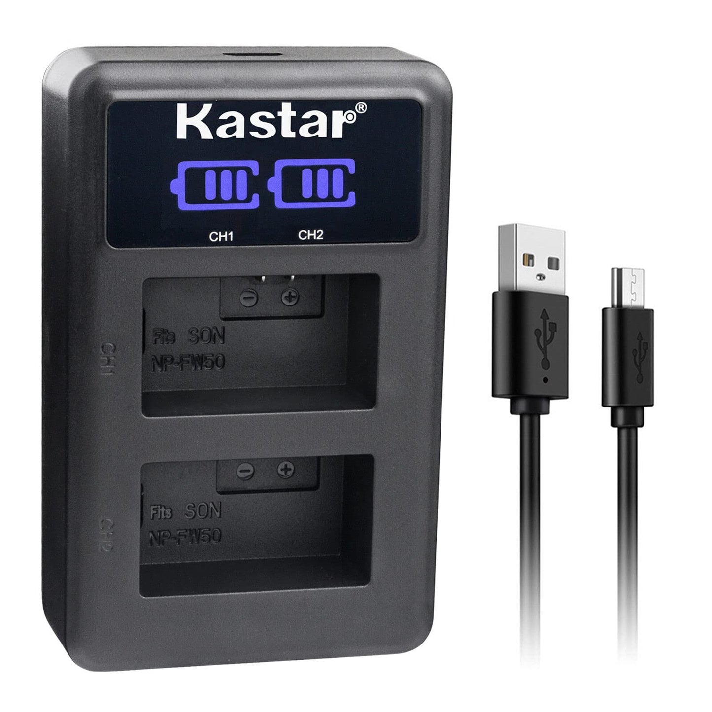 Kastar NP-FW50 LED2 USB Battery Charger Compatible with Sony SLT-A33, SLT-A35, SLT-A37, SLT-A55, ZV-E10, Cyber-Shot DSC-RX10, Cyber-Shot DSC-RX10 II