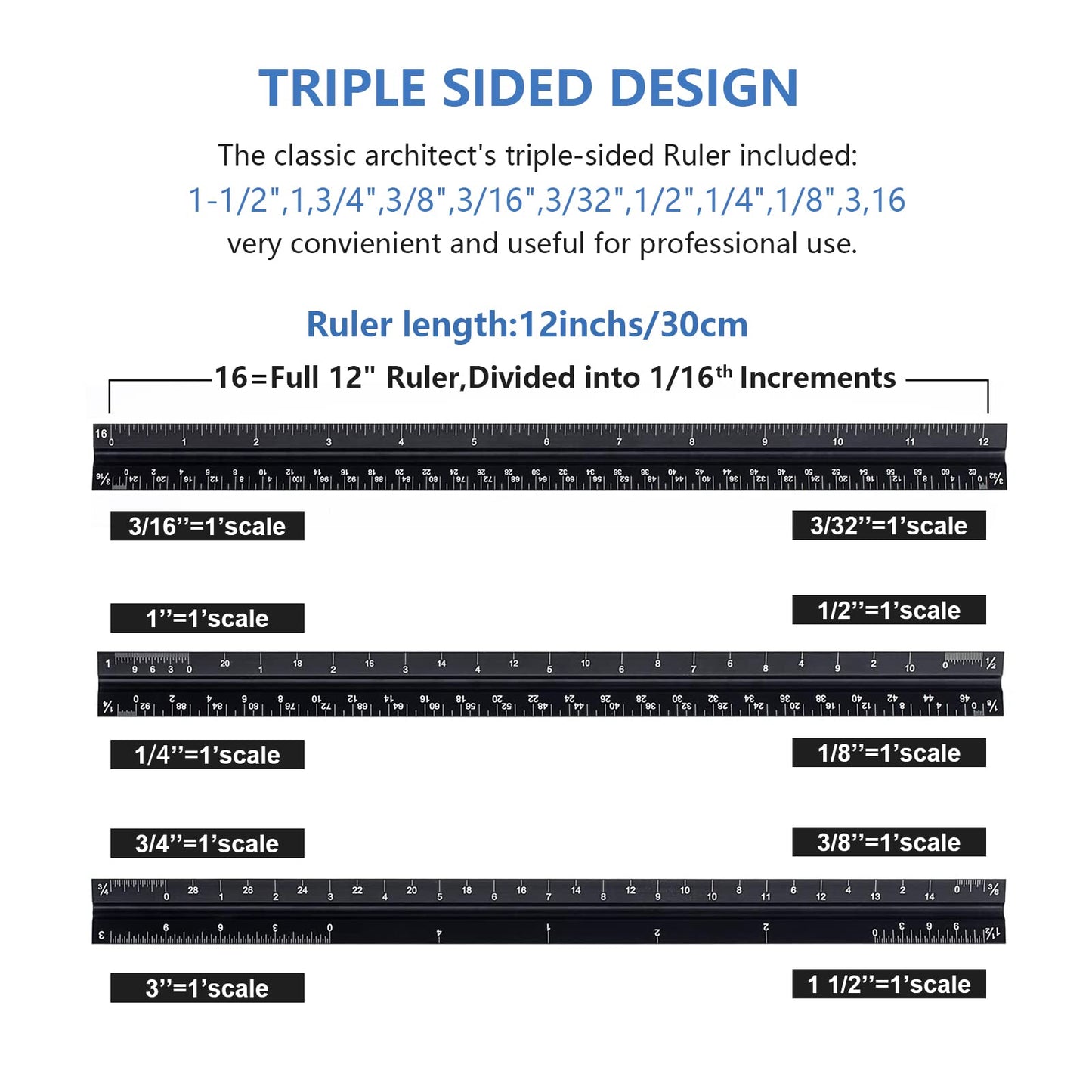 Architectural&Engineering Triangular Scale Ruler, 12 Inch Architectural Scale Ruler Set, Laser-Etched Aluminum with Stainless Steel Ruler