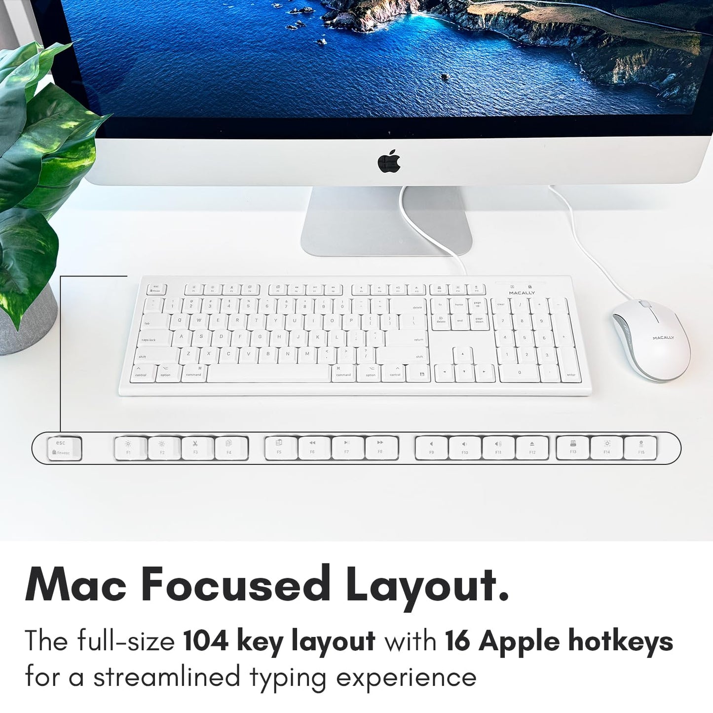 Macally Full Size USB Wired Mac Keyboard and Mouse Combo - Compatible Ergonomic Apple Keyboard and Mouse with Shortcuts and Number Keypad for Mac mini