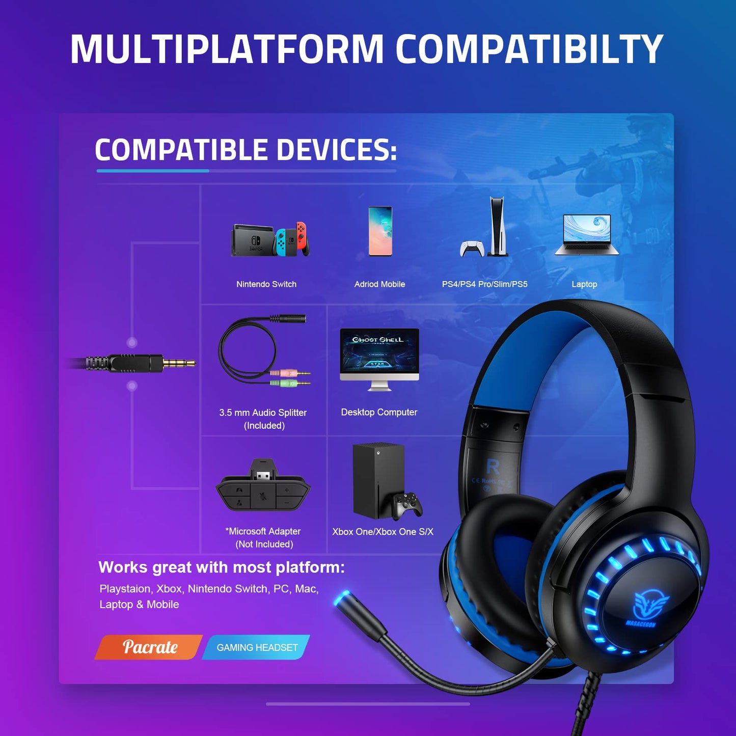 Pacrate Gaming Headset for PS5/PS4/Xbox One/Nintendo Switch/PC/Mac, PS5 Headset with Microphone Xbox Headset with LED Lights, Noise Cancelling PS4