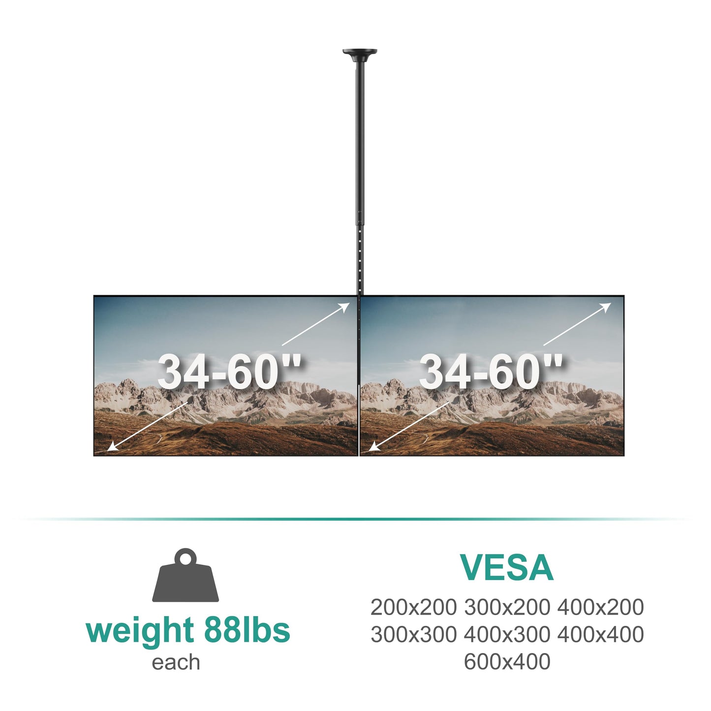 WALI Ceiling TV Mount Dual Screen Side by Side Fits Most Display 34 to 60 Inch TV, Up to 176lbs, 88 lbs for Each Screen, Height Extension up to 65.6