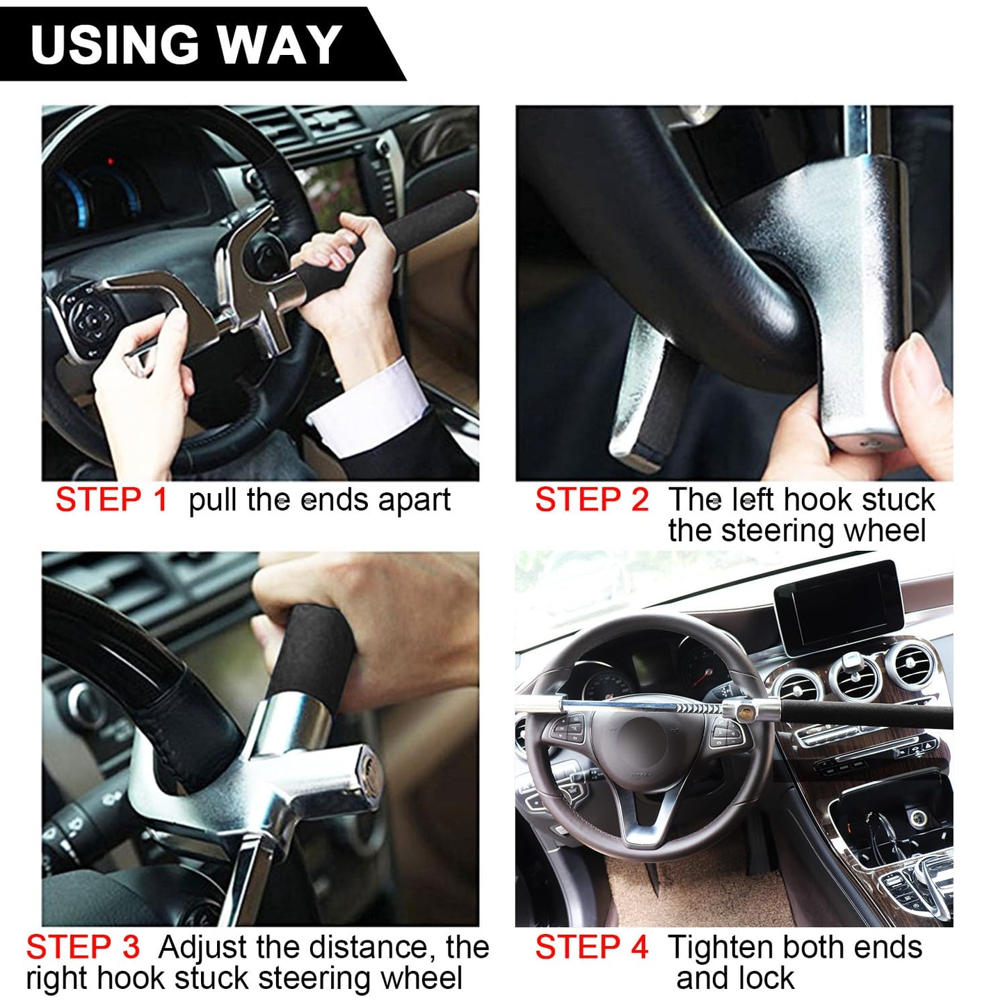 Tevlaphee Steering Wheel Lock for Cars,Wheel Lock,Vehicle Anti-Theft Lock,Adjustable Length Clamp Double Hook Universal Fit Emergency Hammer Window