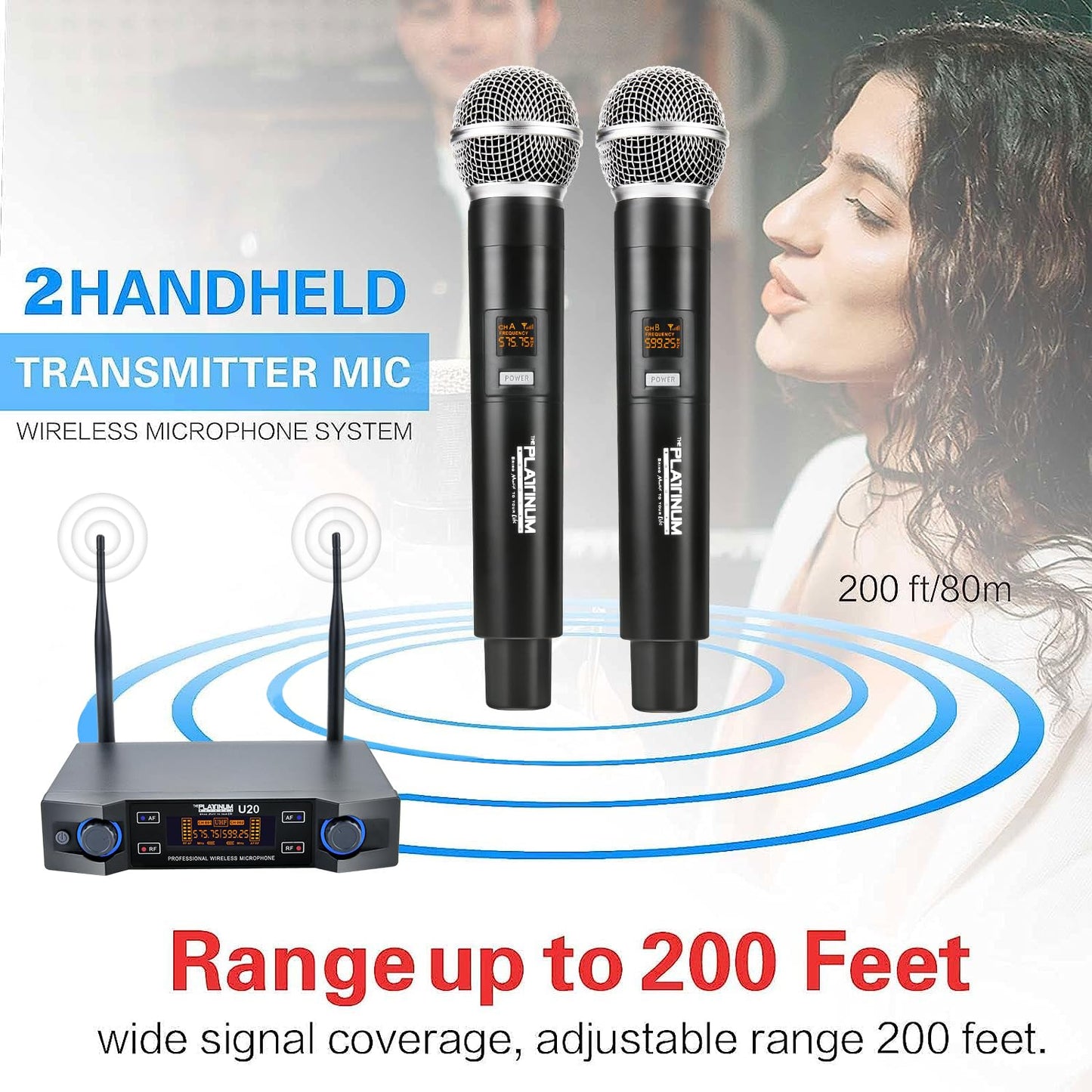 The Platinum UHF Wireless Microphone System, 200FT UHF Range Metal Professional Dual Channel Handheld Dynamic Mic System with Professional Karaoke