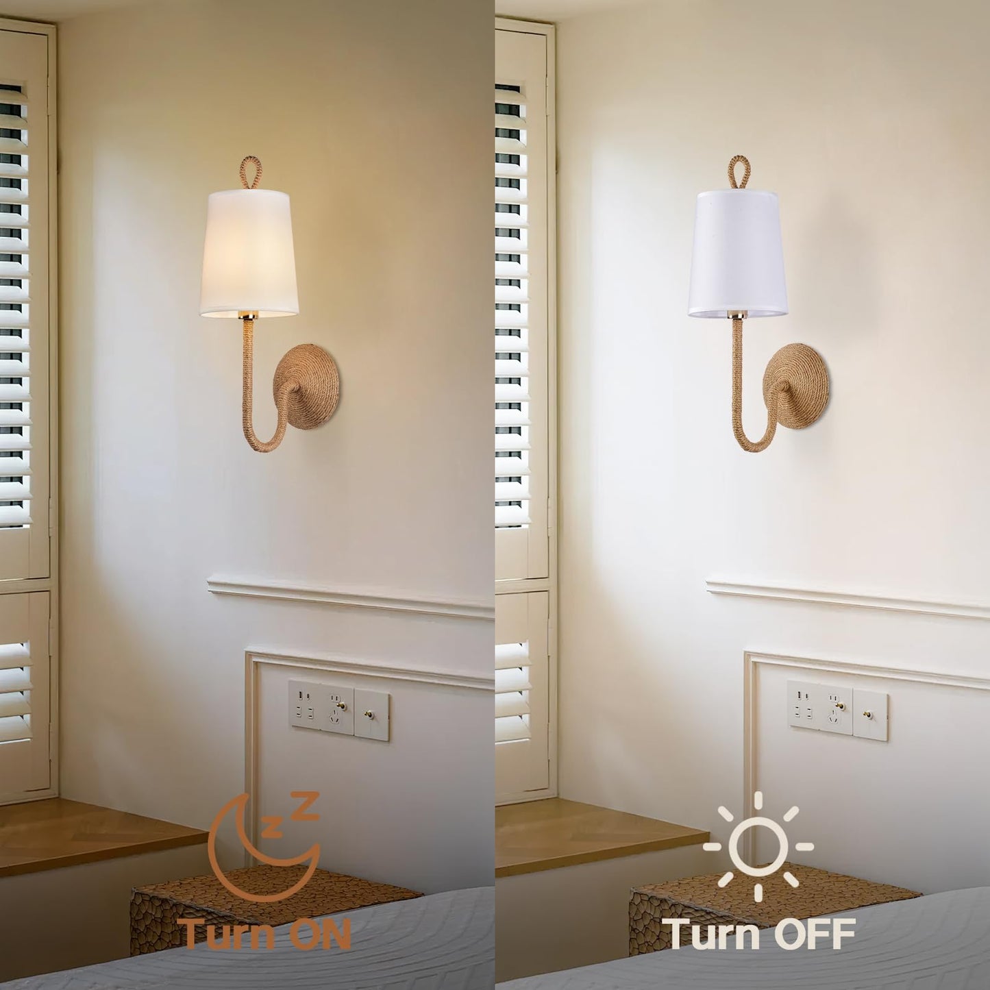 HILUXIA Natural Rattan Wall Sconce Set of 2: Boho Coastal Rope Woven Lamps with Linen Fabric Shades for Living Room, Bedroom, Bedside, Vanity