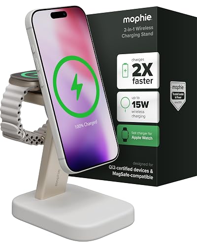 Mophie 2-in-1 Wireless Charging Stand - Qi2-Certified, MagSafe Charger for iPhone & Apple Watch - Fast Charging Station with Adjustable Phone Stand