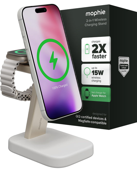Mophie 2-in-1 Wireless Charging Stand - Qi2-Certified, MagSafe Charger for iPhone & Apple Watch - Fast Charging Station with Adjustable Phone Stand