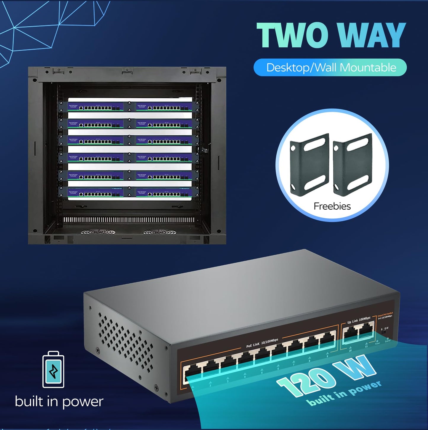 9 Port PoE Switch with 2 Uplink, 9 PoE+ Port 100Mbps, 120W 802.3af/at, Metal Desktop Wall Mountable,VLAN Function,250 Meters Extend,Metal Fanless Plug