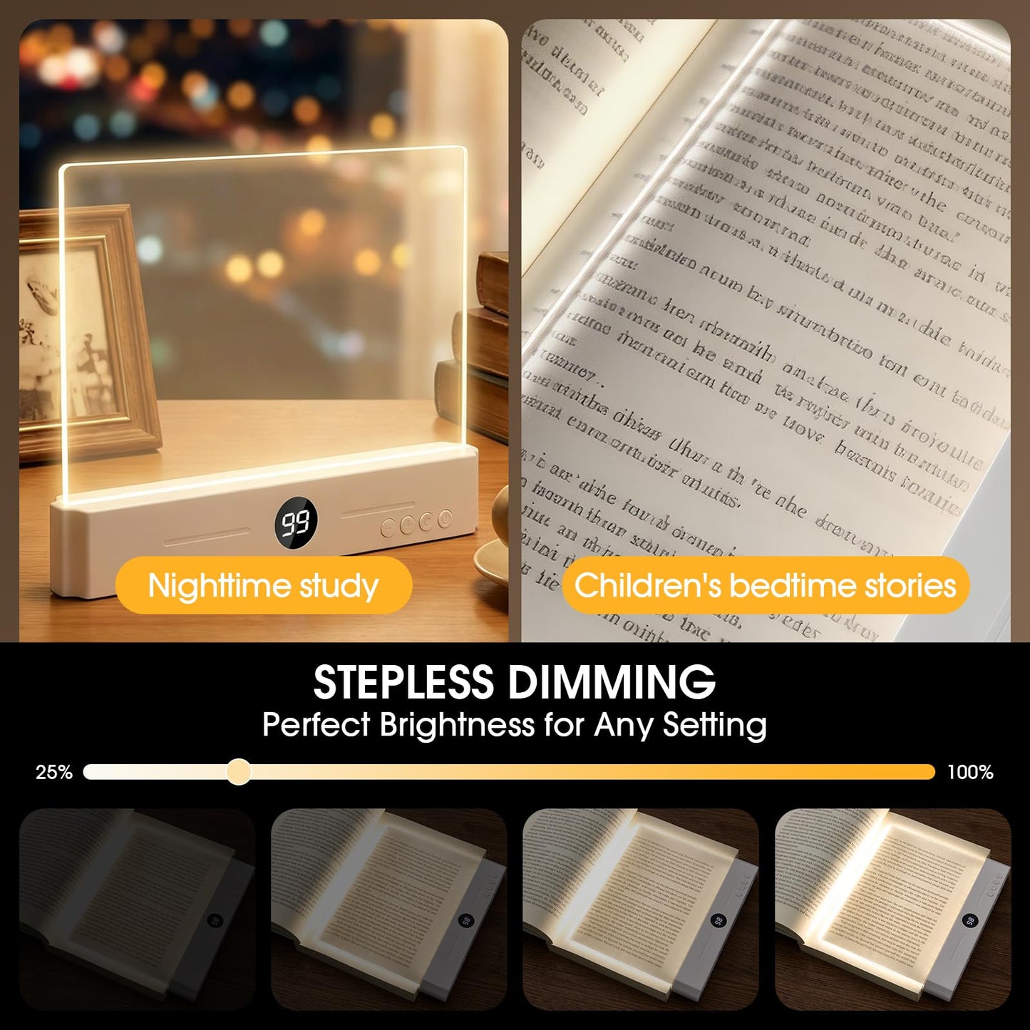 LED Book Light for Reading in Bed, Rechargeable Full Page Flat Panel Book Lamp, Eye Care Reading Light with 3 Color Modes, Stepless Dimming & Timer