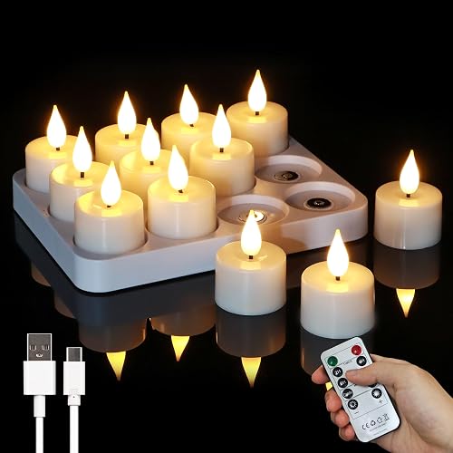FREEPOWER Rechargeable Flameless Tea Lights with Charging Base & Remote Timer, 12 Pack USB Rechargeable Tealights Candles Battery Operated, Flickering