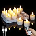FREEPOWER Rechargeable Flameless Tea Lights with Charging Base & Remote Timer, 12 Pack USB Rechargeable Tealights Candles Battery Operated, Flickering