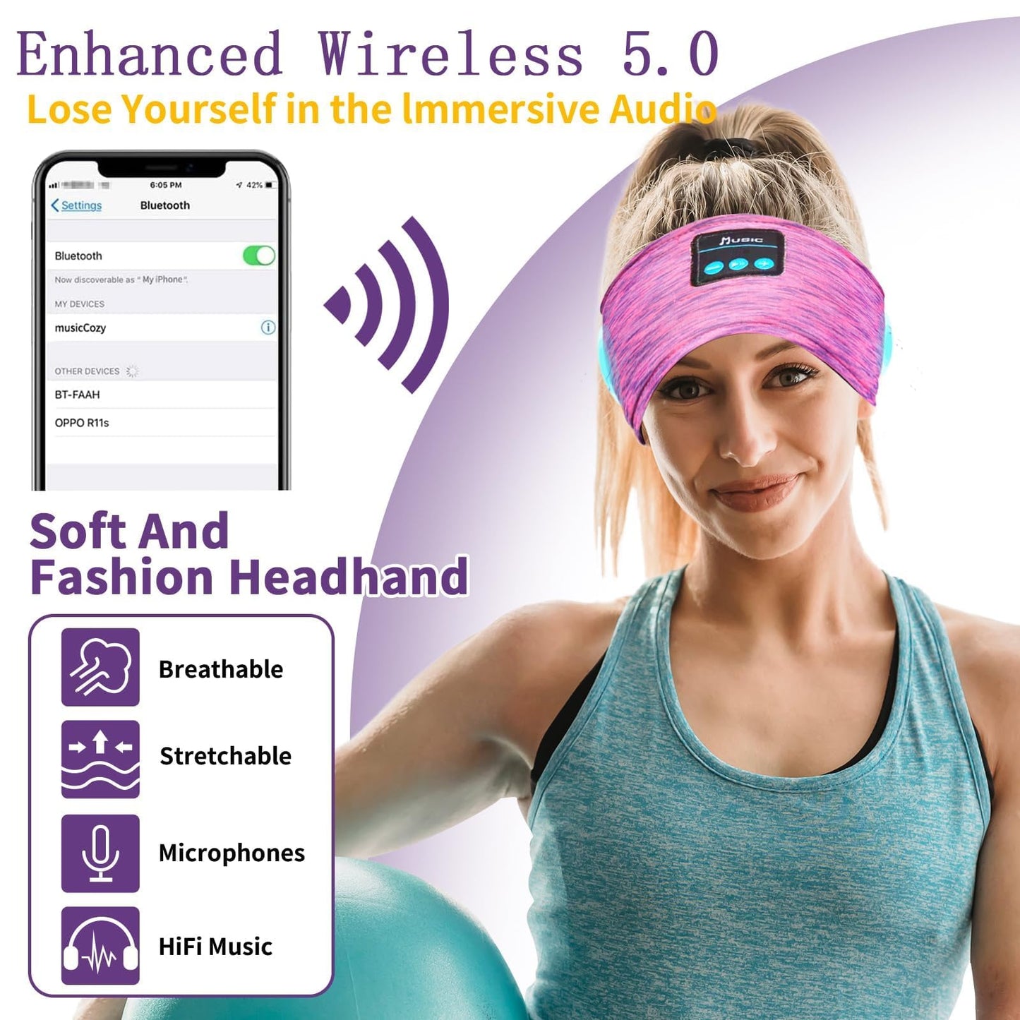 SANNWEEN Wireless Sleep Headphones for Women - Bluetooth Headband for Side Sleepers with Adjustable Headband (Rose Red)