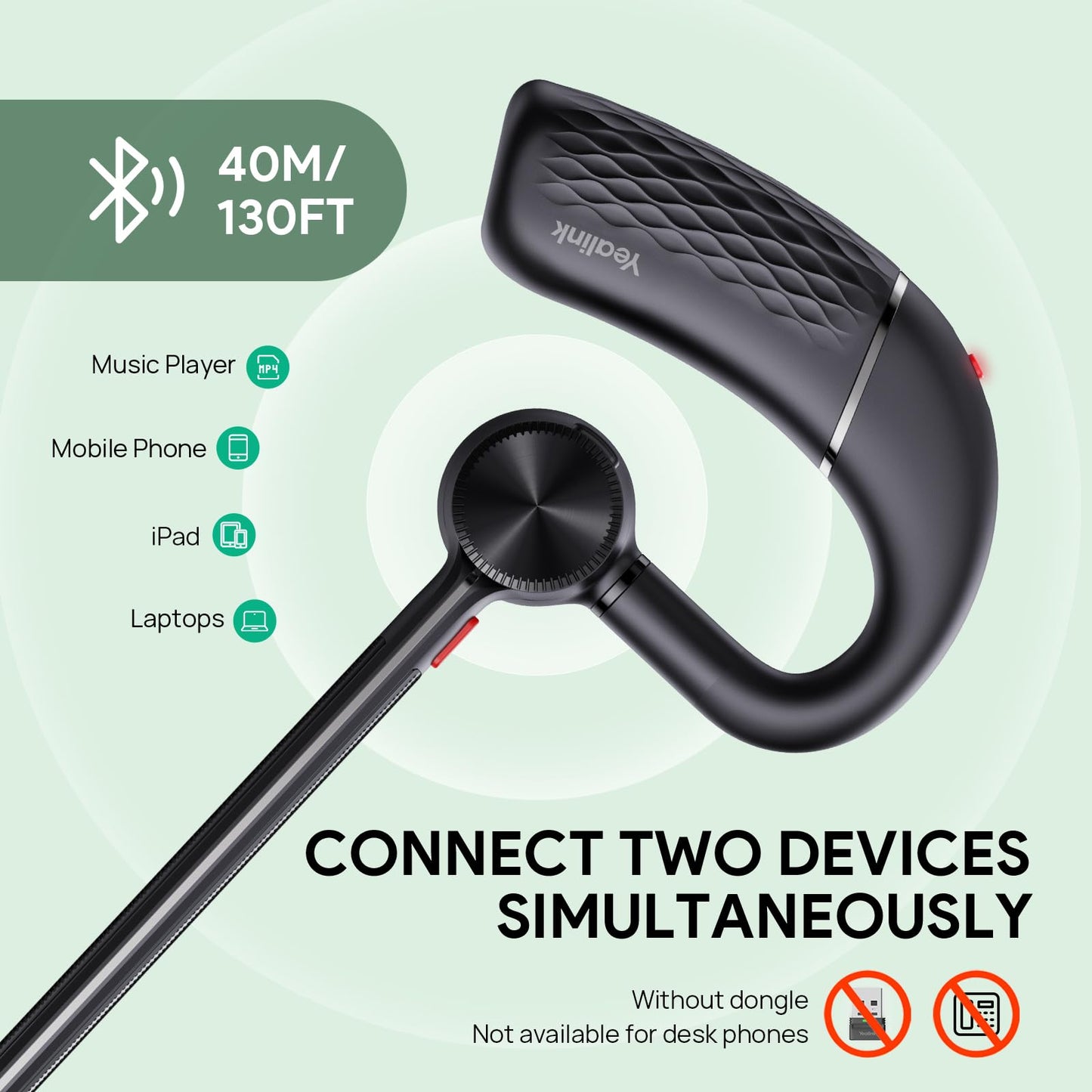 Yealink BH71 Lite Bluetooth Headset,Wireless Earpiece with 4 Noise Cancelling Microphone,10H Talk Time,Adjustable Ear Hook,Bluetooth Earphones