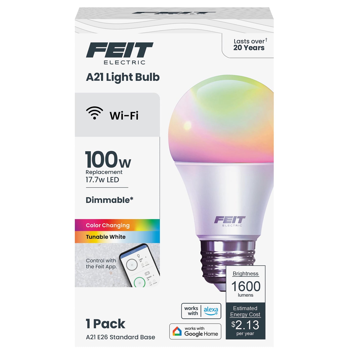 Feit Electric Smart Light Bulbs, A21 RGBW Color Changing, 100W Eq - 1 Pack