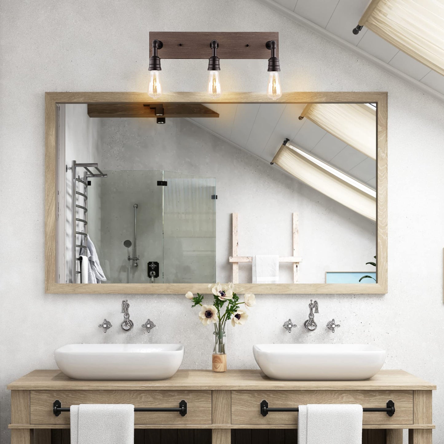 JONATHAN Y 22.13" Oil Rubbed Bronze/Brown Wood Finish 3-Light Iron and Wood Vanity Light, Rustic Farmhouse Industrial Wall Sconce for Bathroom, UL