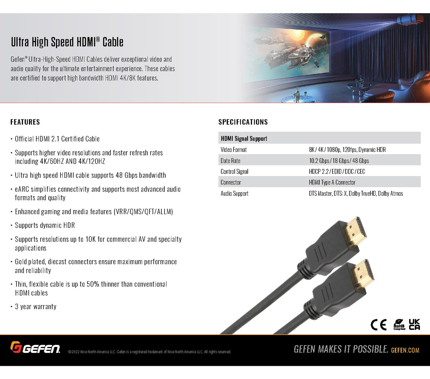 Gefen Ultra High Speed HDMI 2.1 Cable (3m/9.8ft) - Official Certified 48Gbps for 8K/120Hz, 4K/120Hz, Dynamic HDR, eARC, for PC, PS5, Xbox Series X