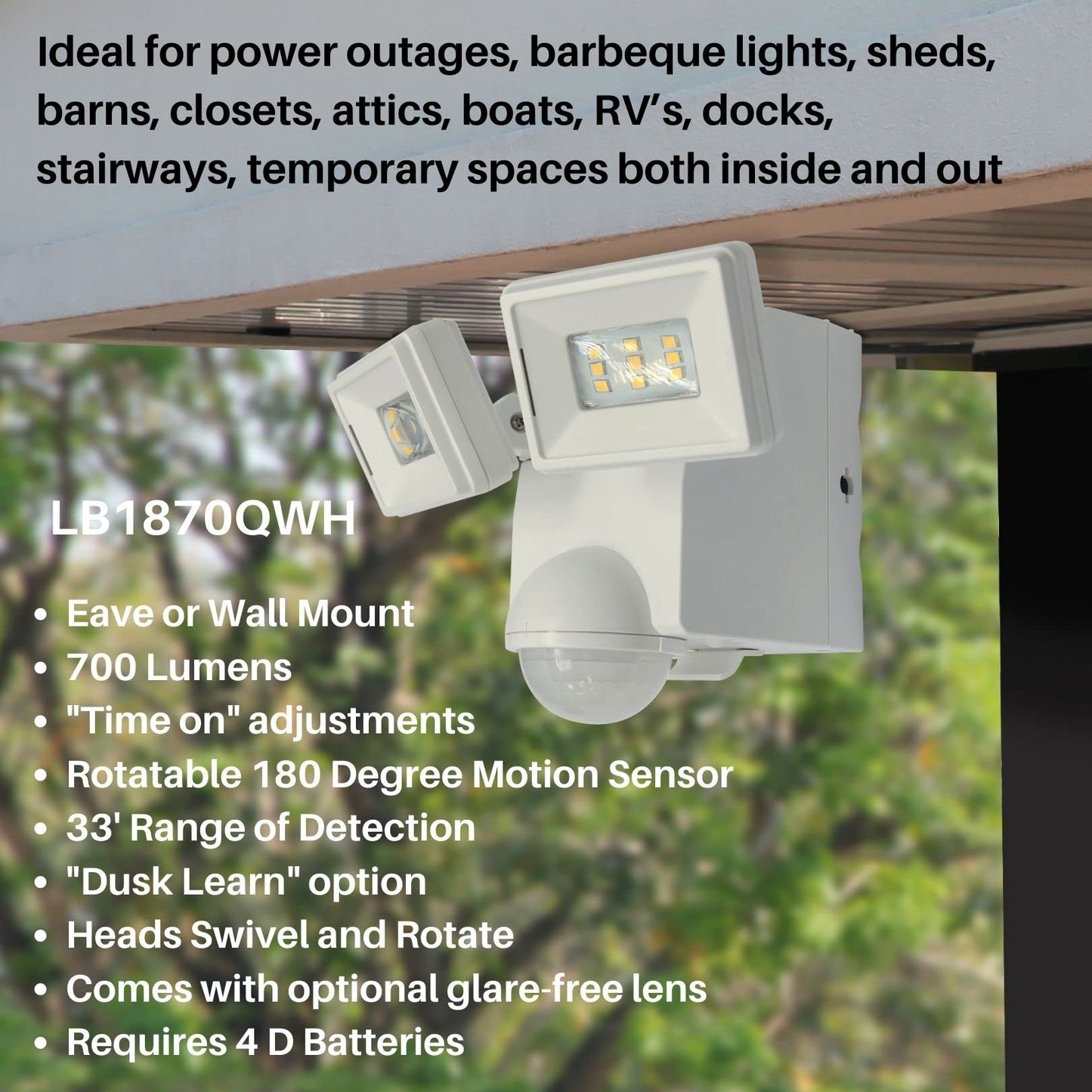 IQ America Motion Security Flood Light, Battery Operated Adjustable Motion Sensor, 700 Lumen LED, Indoor Outdoor Universal Eave Soffit/Wall Mount