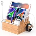 Pezin & Hulin Bamboo Charging Station for Multiple Devices Include 5 Port USB Charger, 5 Cables, Desktop Organizer for Phones, Tablet, Wooden Docking