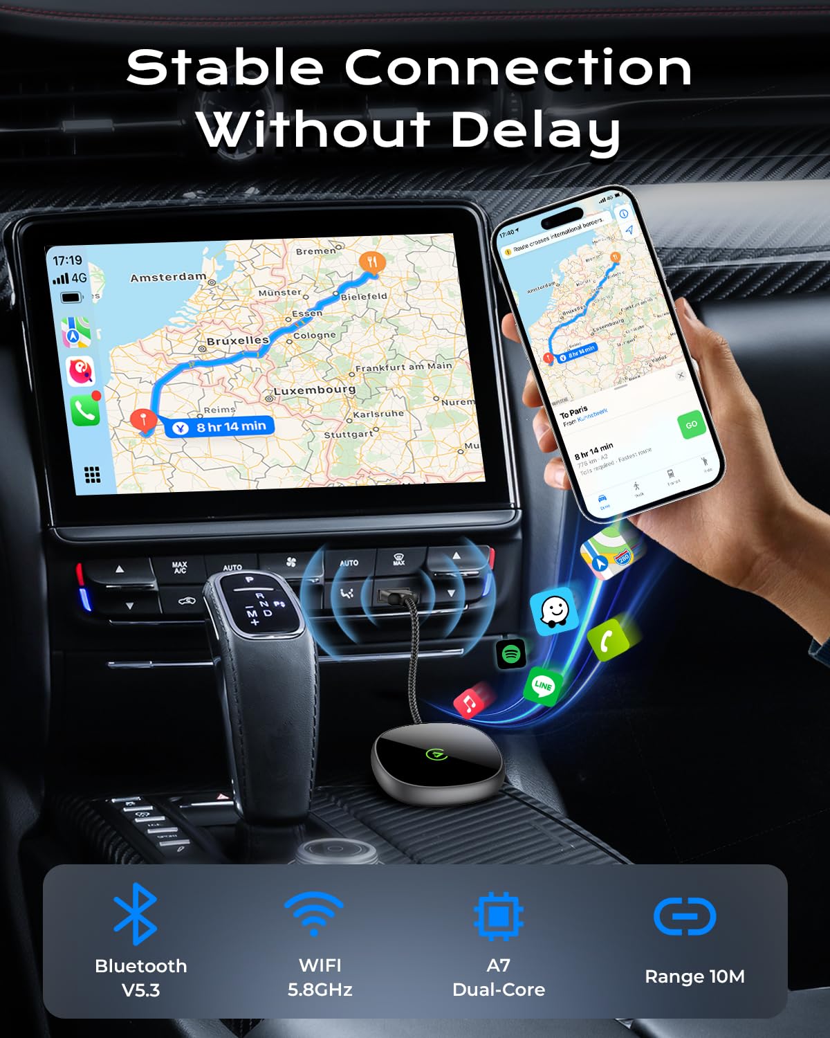 Wireless Carplay Adapter for iPhone & Android Auto 2-in-1, Stable, Plug & Play Low Delay Carplay Wireless Adapter Convert Wired to Wireless Apple Car