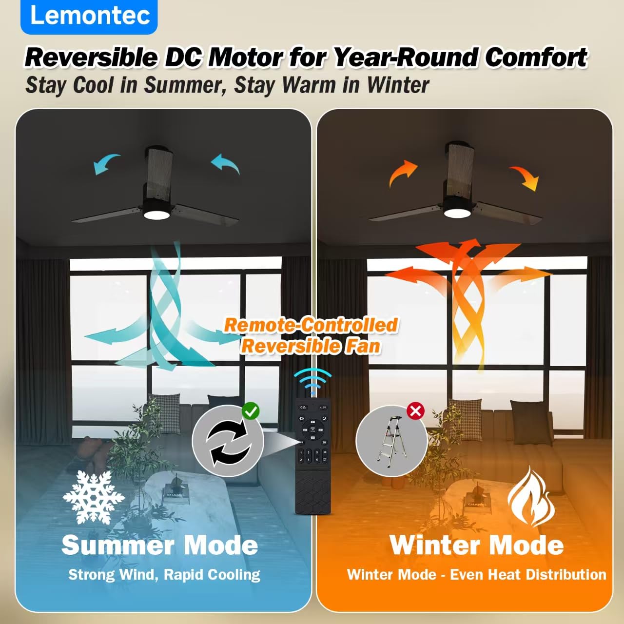 Lemontec Ceiling Fans with Lights 52" Low Profile Indoor Ceiling Fan with Light and Remote/APP Control, Flush Mount, LED Dimmable DC Reversible Modern