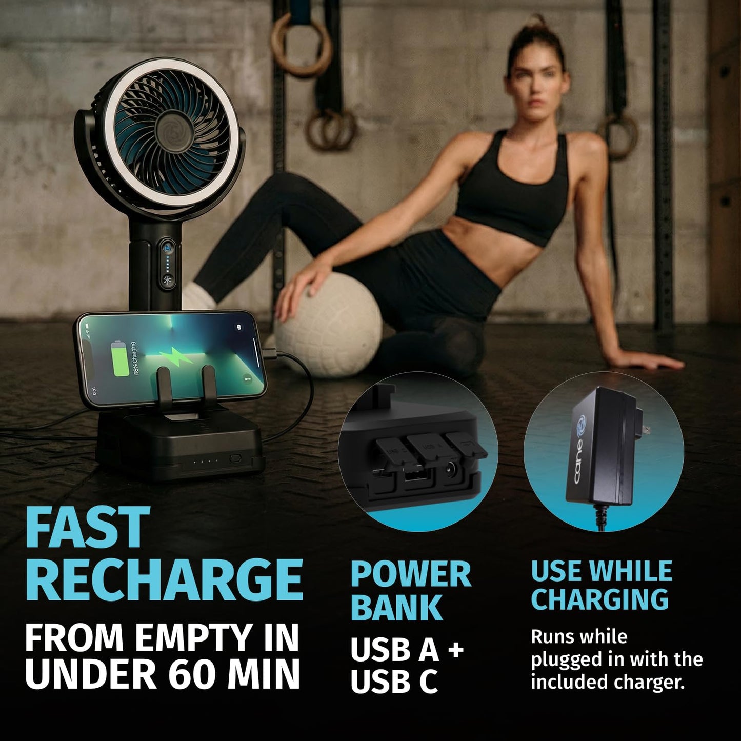 CANE5 Rechargeable Portable Fan, Built For Outdoors, Camping, Sports, Beach