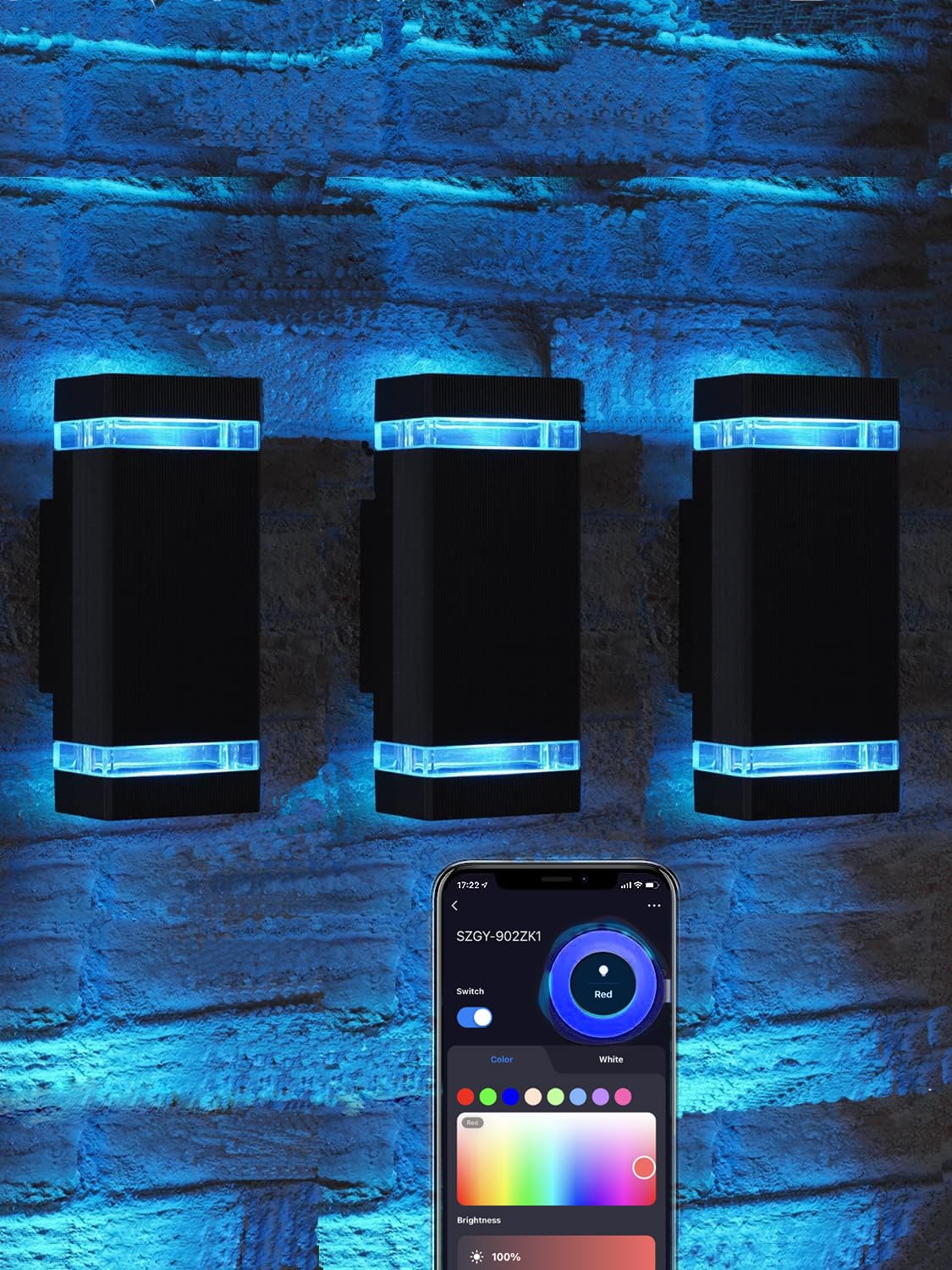 rosykite RGB+CCT Outdoor Wall Light 3 Pack, App Control Up Down Wall Sconce, Color Changing 2700K-6500K Exterior Lighting, Waterproof Aluminum LED