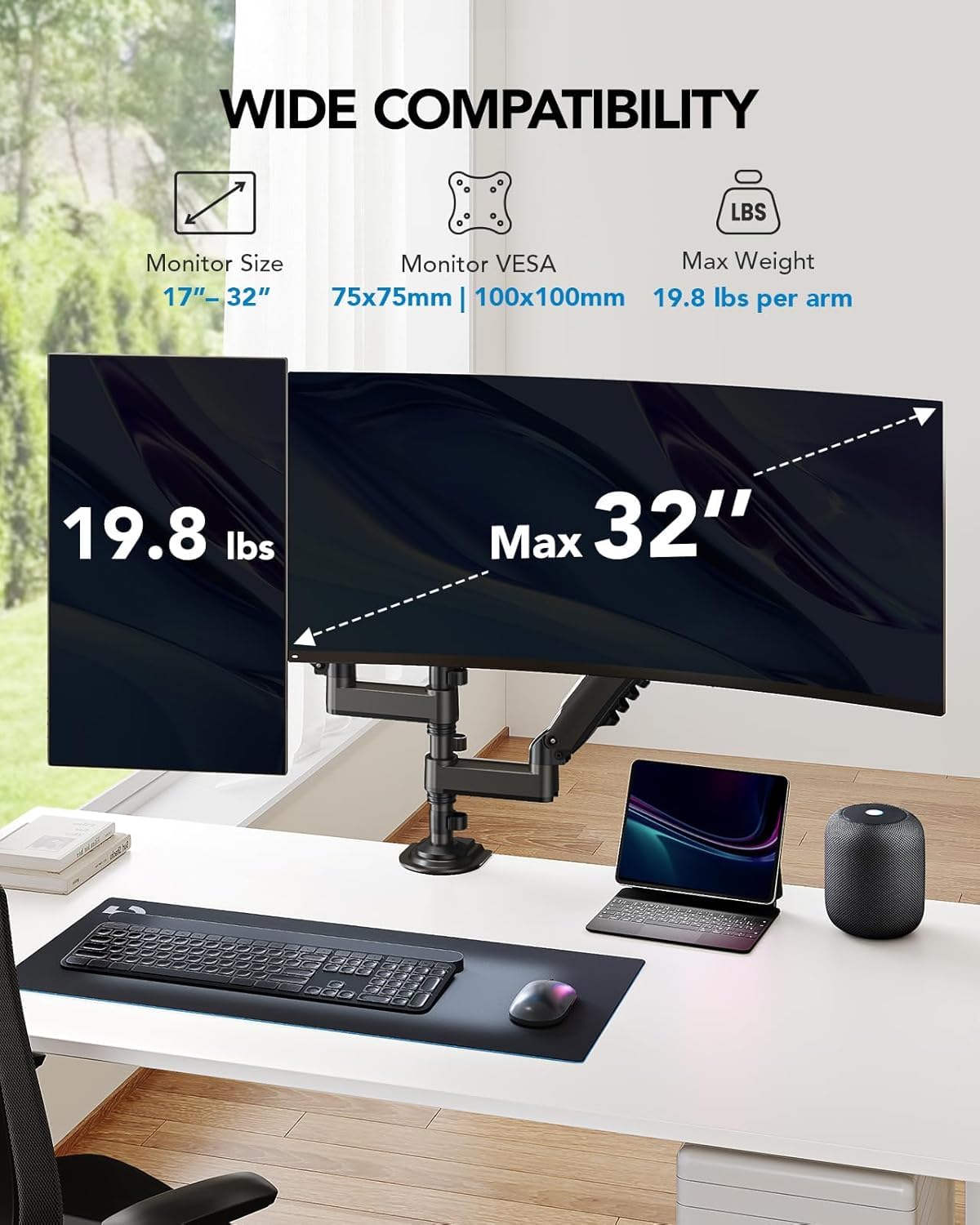 HUANUO 17-32 Inch Dual Monitor Stand, Vertical Dual Monitor Mount, Monitor Stand 2 Monitors, Ergonomic Adjustable Tilt/Swivel/Rotate, Weight Max 19.8
