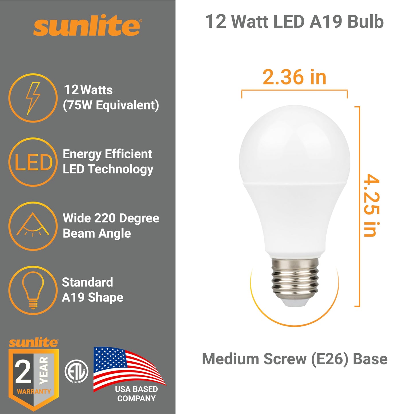 Sunlite 80859-SU LED A19 Light Bulb, Non-Dimmable 12 Watt (75W Equivalent), 1100 Lumens, Medium (E26) Base,ETL Listed, 3000K Warm White, 3 Count
