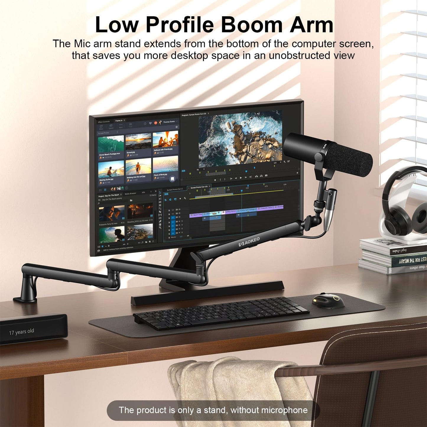 Microphone Arm,Aokeo AK-55i Desk Low Profile Adjustable Mic Boom Arm Stand,Suitable For Blue Yeti,Snowball iCE, HyperX QuadCast,SoloCast,Elgato