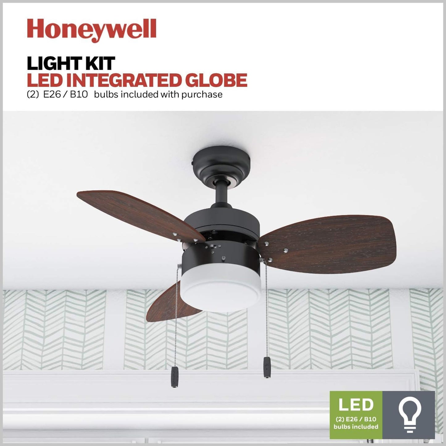 Honeywell Ceiling Fans Ocean Breeze Modern 30 Inch Ceiling Fan with Light, Pull Chain LED Indoor Fan with 3 Blades, Dark Brown Chestnut and Light Oak