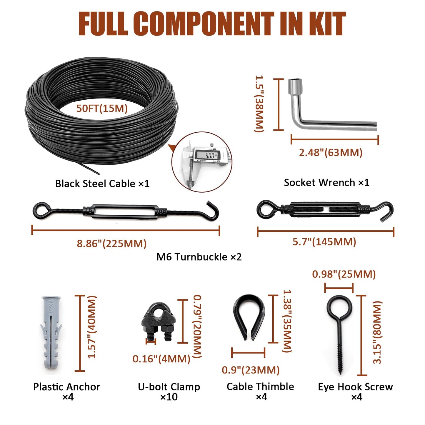 hannger String Light Hanging Kit Outdoor, Full Black Globe String Lights Suspension Kit w/ 50FT PVC Coated Steel Cable & Enough Accessories, Guide