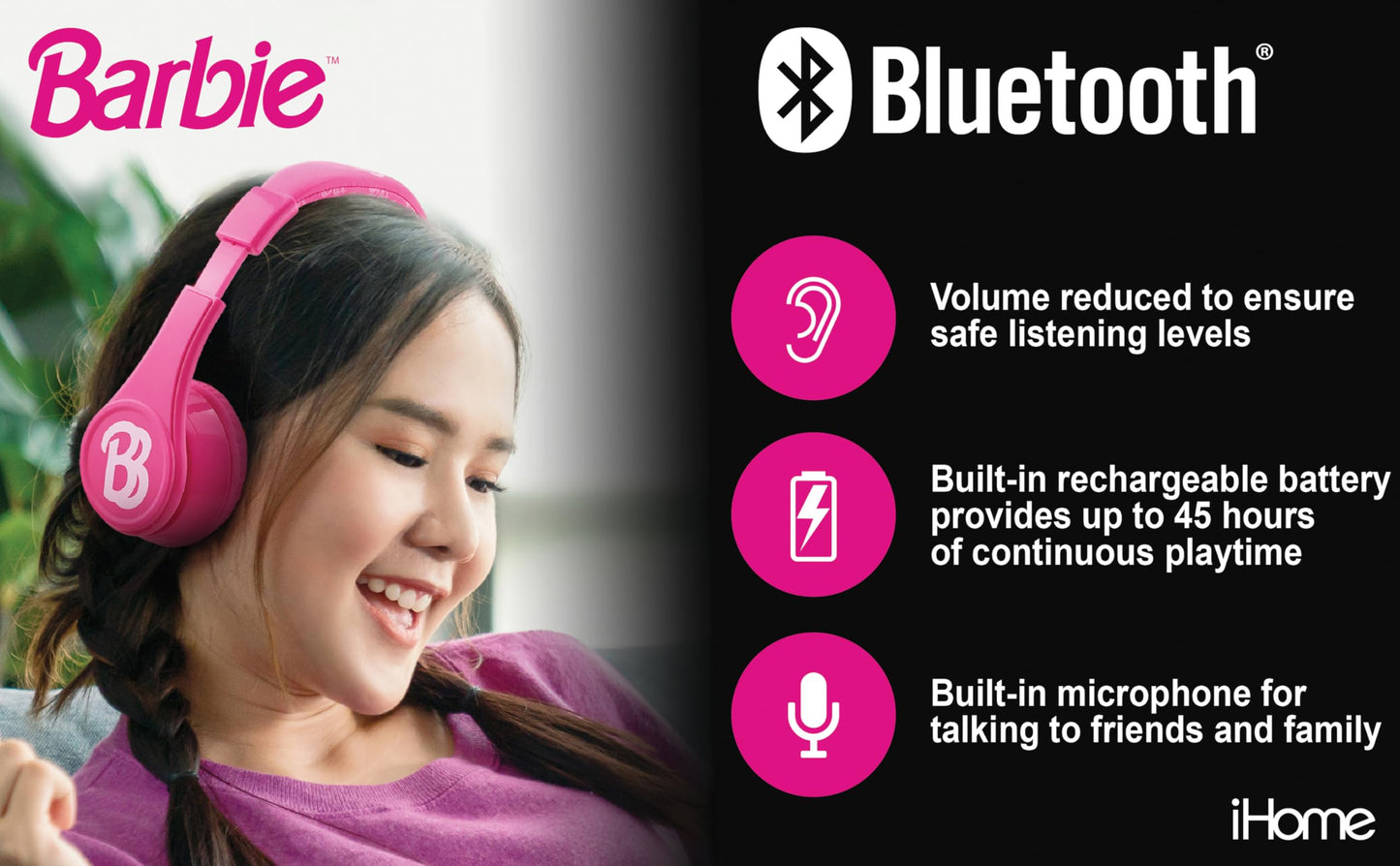 eKids Barbie Bluetooth Headphones, Pink Wireless Headphones with Microphone Includes Aux Cord, Volume Reduced Kids Foldable Earphones