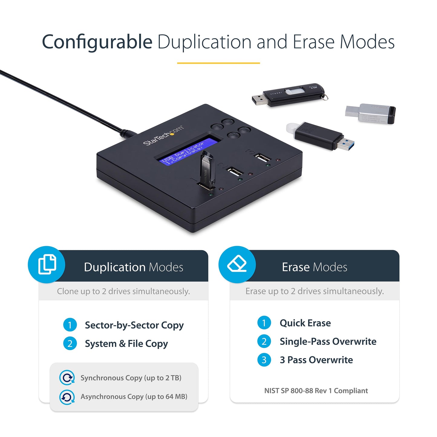 StarTech.com Standalone 1 to 2 USB Flash Drive Duplicator / Cloner / Eraser, Multiple USB Thumb Drive Copier / Sanitizer, System File /