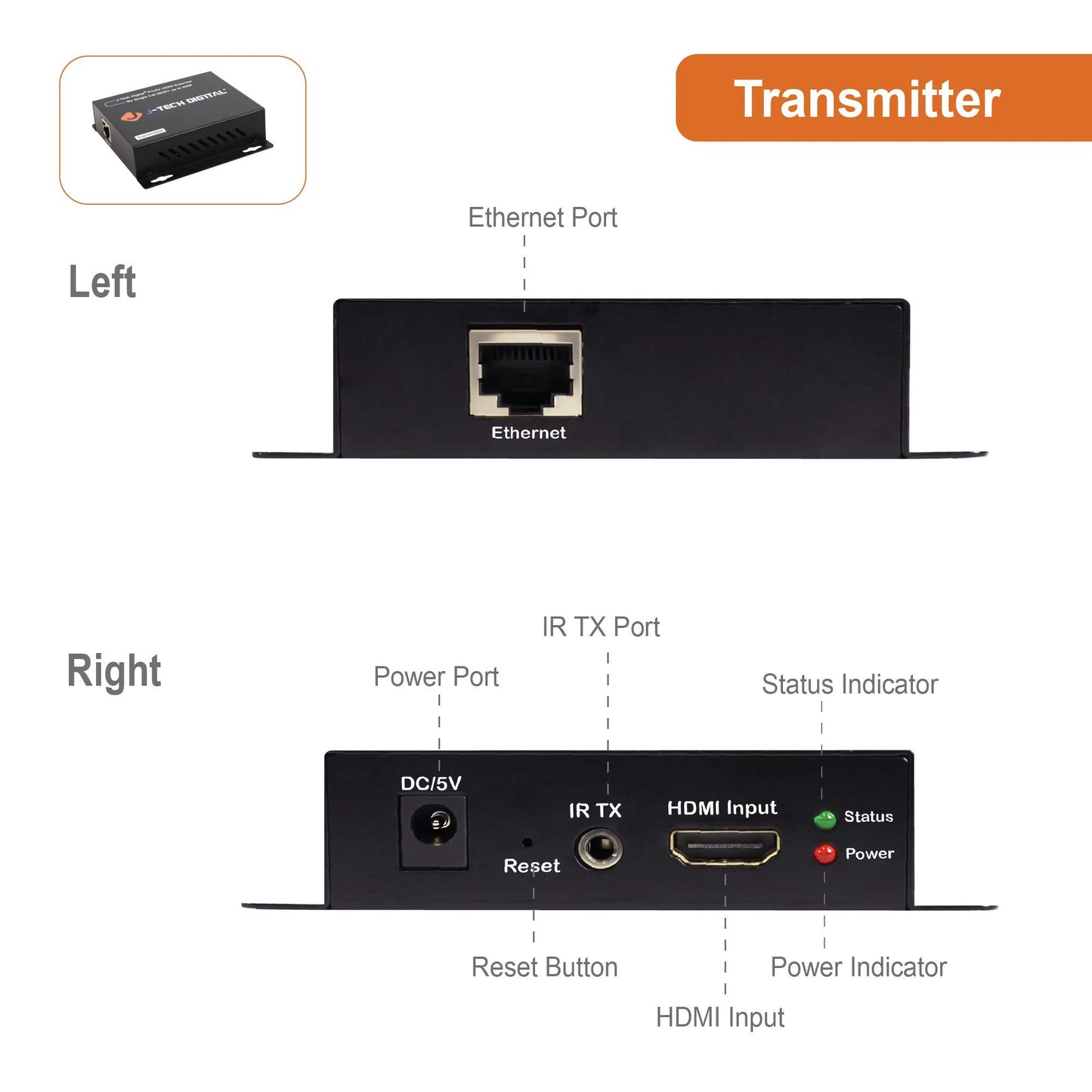 J-Tech Digital HDMI Extender Over Single Cat5e/6/7 Cable Full HD 1080p with TCP/IP, IR Up To 400ft [JTD-EX-120M] black