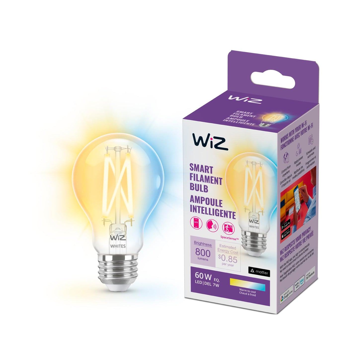 WiZ Clear 60W A19 Tunable White Filament LED Smart Bulb - Pack of 1 - E26- Indoor - Connects to Your Existing Wi-Fi - Control with Voice or App +