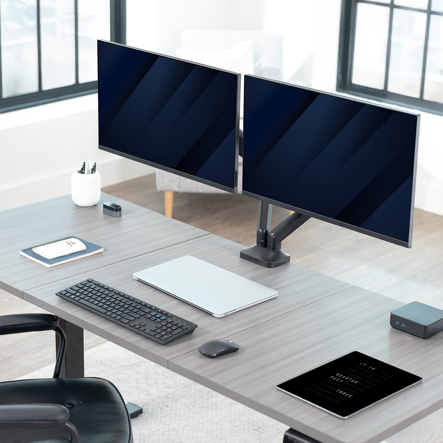 VIVO Dual Pneumatic Arm Ultra-Wide Monitor Mount for up to 35 inch Screens, Holds 26.4 lbs per Arm, Desk Mount Monitor Stand for 2 Ultrawides, Black