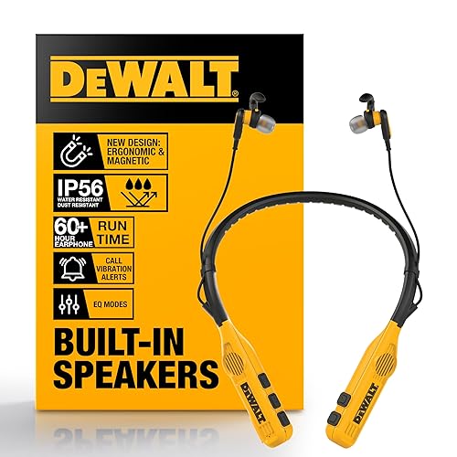 DEWALT Heavy Duty 2-in-1 Neckband Bluetooth Headphones w/Built-in Speakers, Jobsite Wearable Speaker & Around Neck Headphones, Wireless Bluetooth