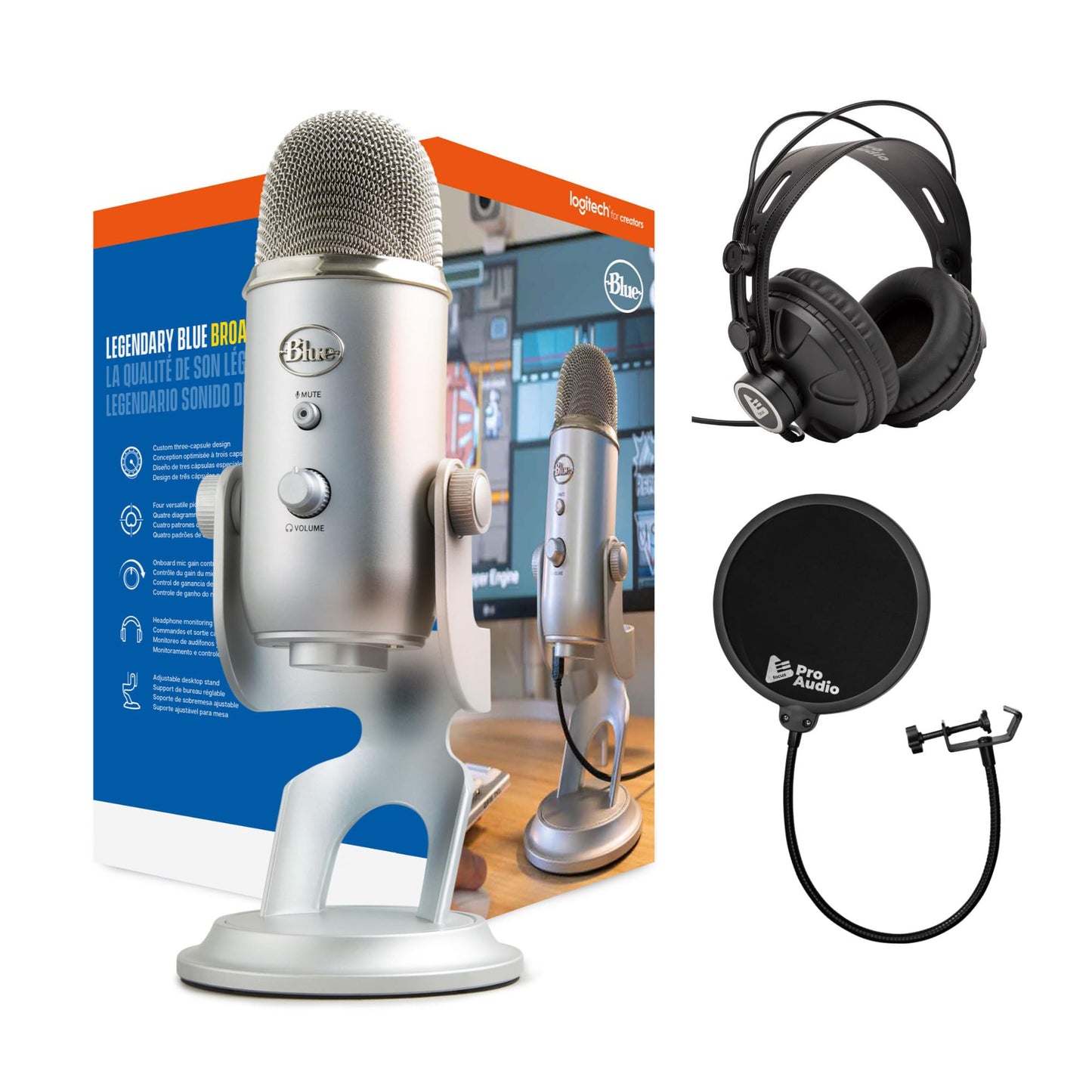 Blue Microphones Yeti USB Mic (Silver) Bundle with Closed-Back Studio Headphones, and Pop Filter (3 Items)