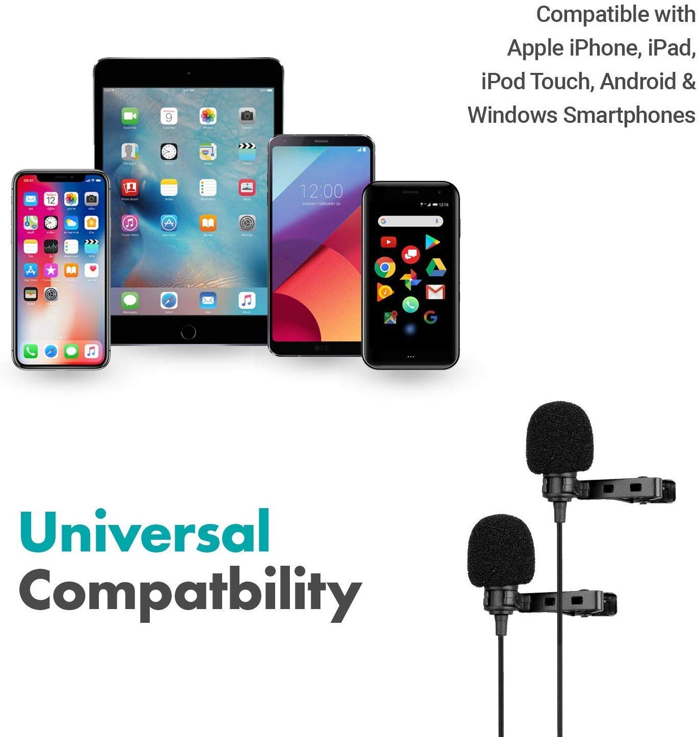 Movo Professional Lavalier Lapel Clip-on Interview Podcast Microphone with Secondary Mic and Headphone Monitoring Input for iPhone, iPad, Samsung