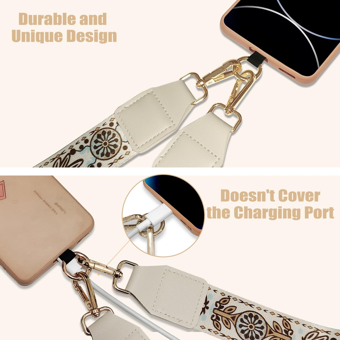 Cell Phone Lanyard with Wallet - Anti-Theft Crossbody Adjustable Phone Strap for Most Smartphones, for Men & Women (Beige)