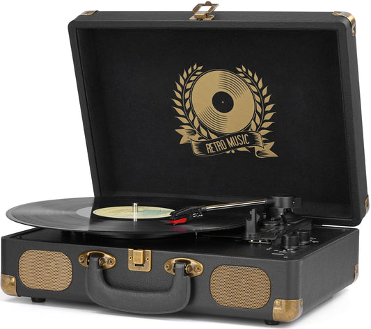 Vinyl Record Player Bluetooth Turntable 3-Speed Suitcase Portable Vintage Belt-Driven Record Player with Built-in Speakers RCA Line Out AUX in