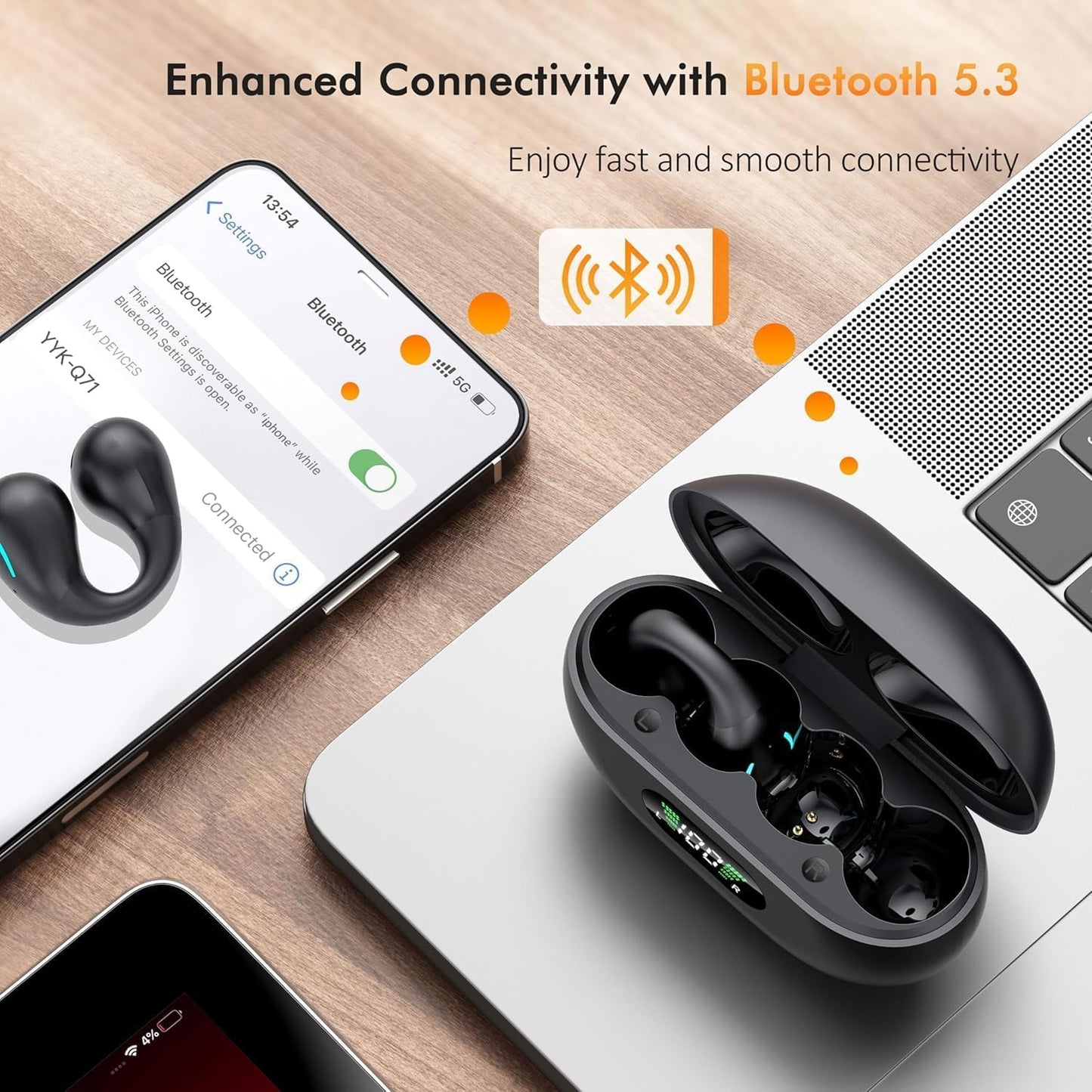 Paekole Clip On Headphones, Super Comfort Open Ear Bluetooth Earbuds for All Day Wear, Lightweight Bone Conduction Wireless Earbuds with Charging Case