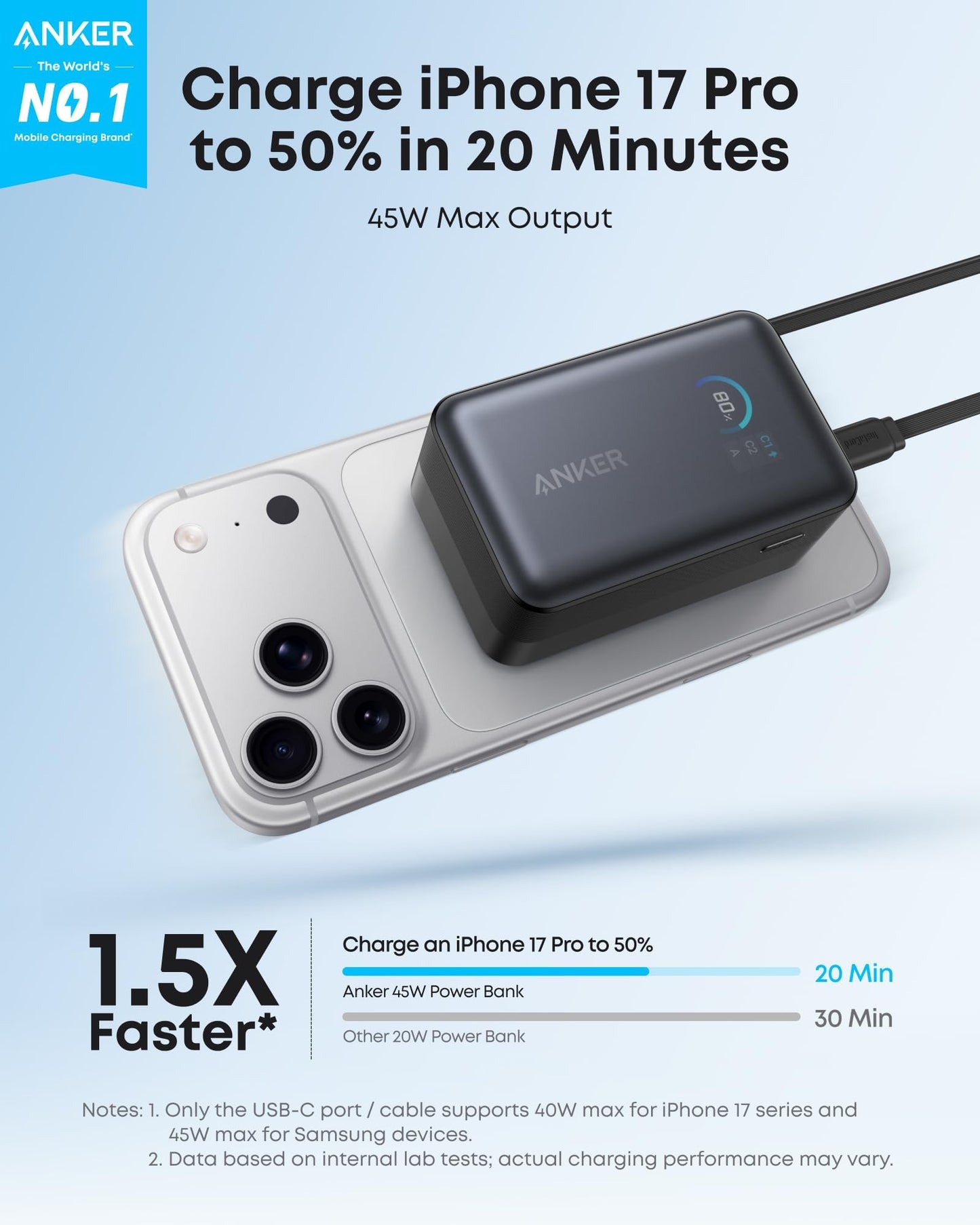 Anker Nano Portable Charger, 45W 10000mAh with 2.3 ft Retractable Cable, Compact Power Bank, Travel Essential Phone Battery Pack for iPhone 17/16