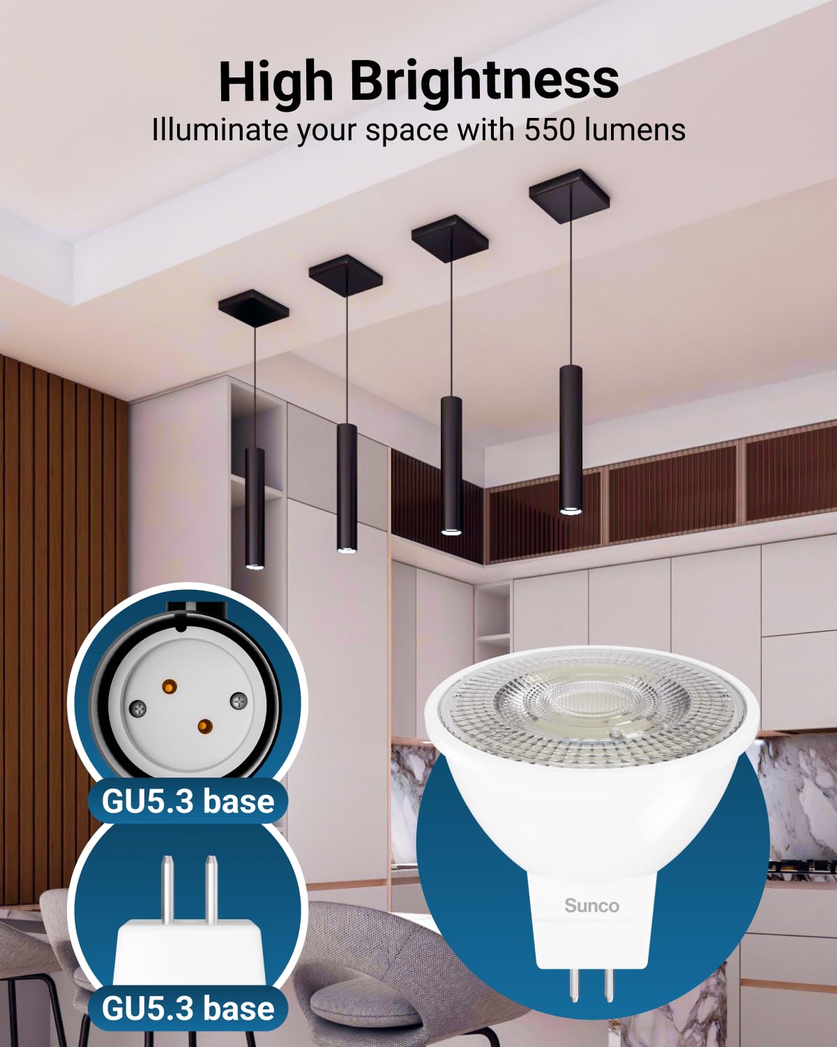 Sunco 6 Pack MR16 Two Pin LED Light Bulbs, 5W=50W, Dimmable