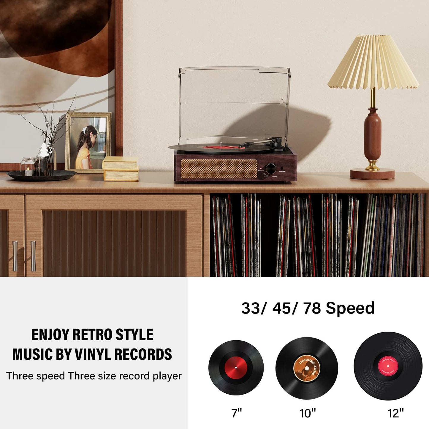 Vinyl Record Player Turntable with Built-in Bluetooth Receiver & 2 Stereo Speakers, 3 Speed 3 Size Portable Retro Record Player for Entertainment