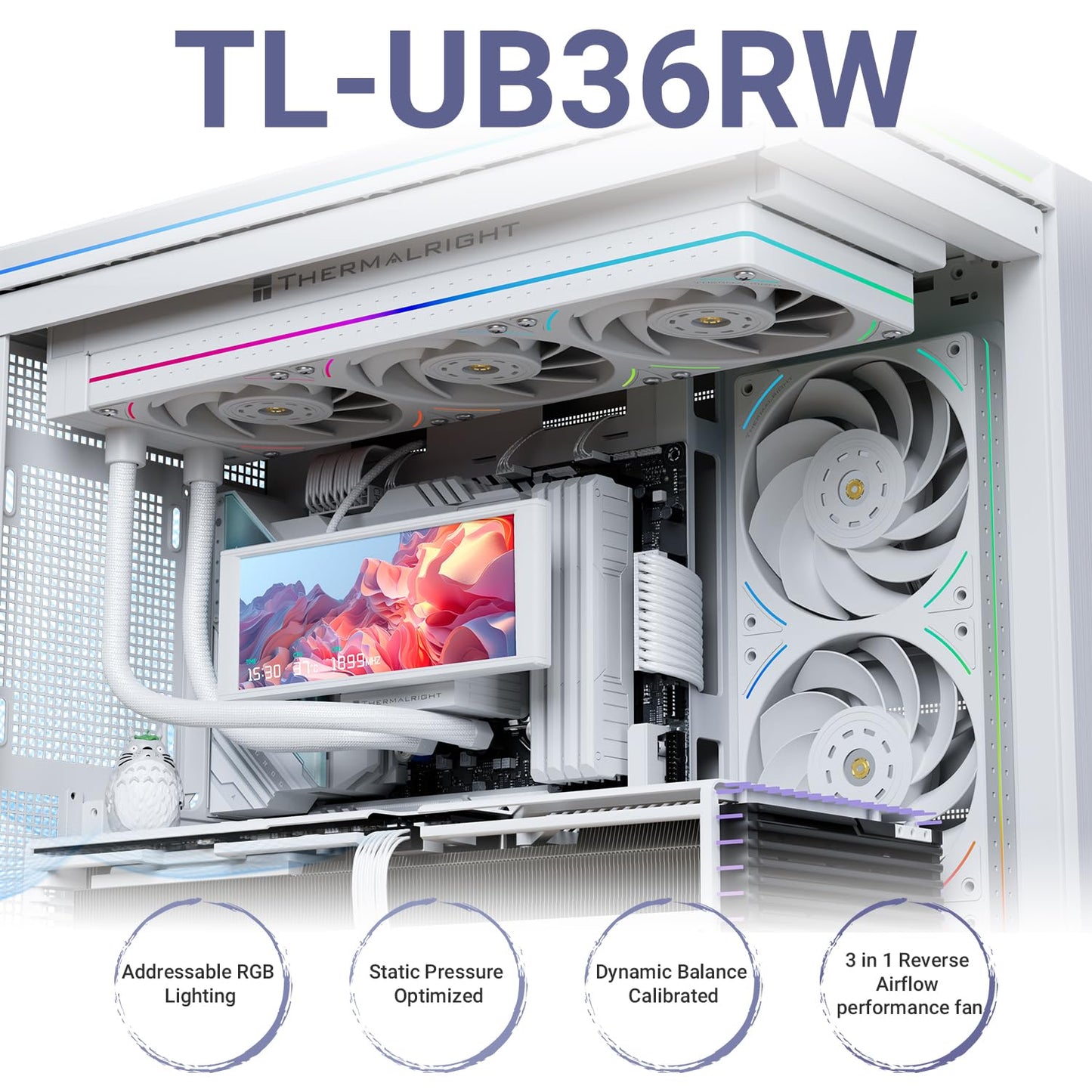 Thermalright TL-UB36RW Case Fan-120mm Quiet,PWM Function,Row 3 Fans-Reverse, for CPU Liquid Cooler and Case Cooling, White,with 5V ARGB Light Strip